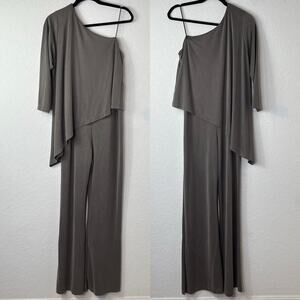 SEN Grey One shoulder Jumpsuit long sleeve asymmetrical top, wide leg, size 2(M)